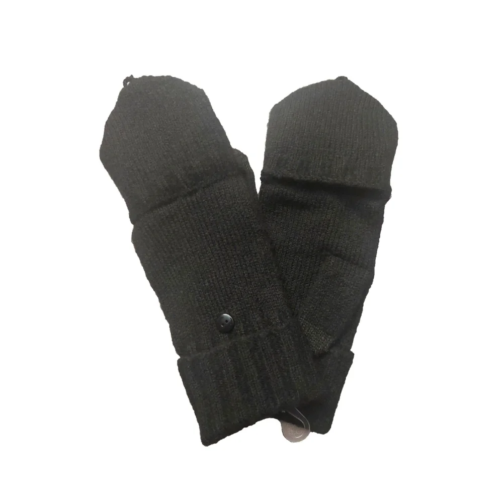 On 34th Wide-Ribbed Pop-Top Black Knit Gloves Sz One Size NWT